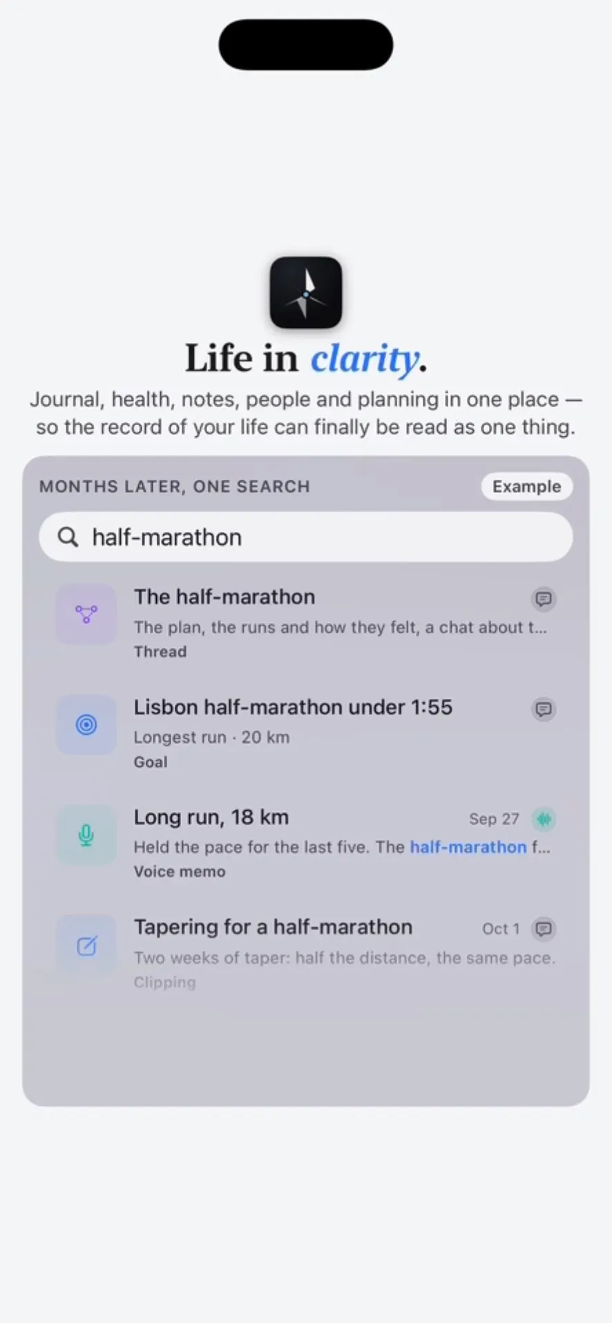 A search for “half-marathon” in Clarivio: the thread, the goal, a long run and an AI chat in one list.