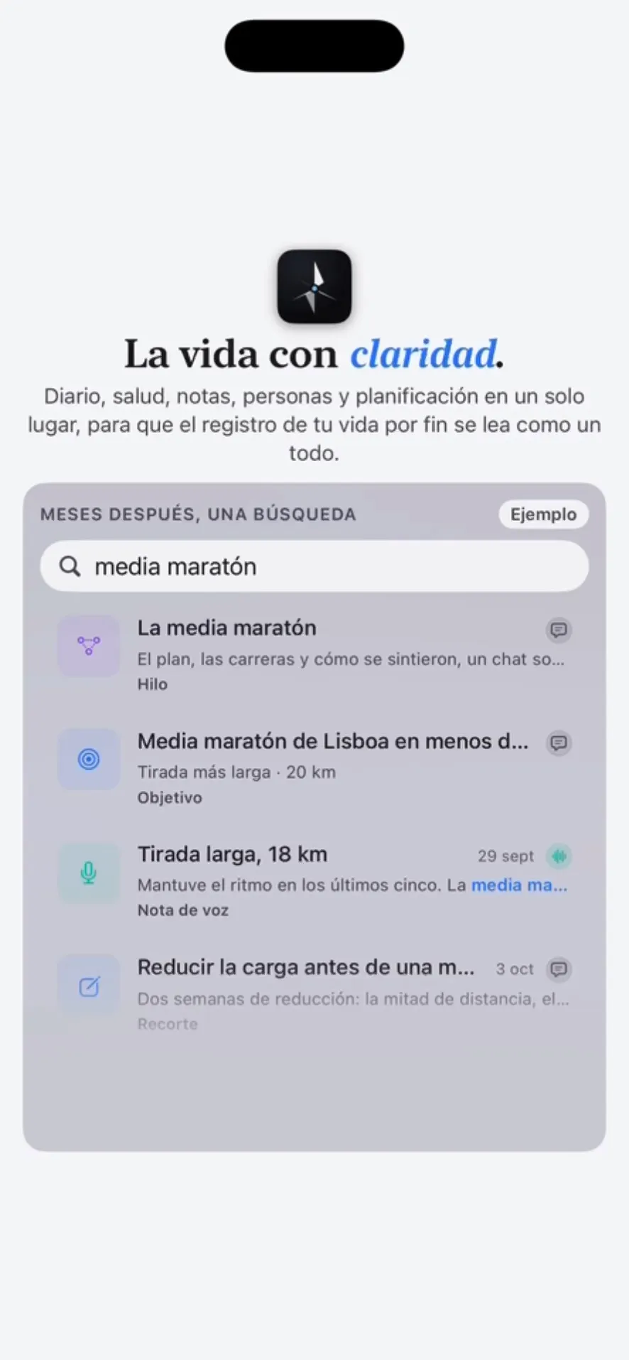 Una búsqueda de «media maratón» en Clarivio: el hilo, la meta, una tirada larga y un chat de IA en una sola lista.