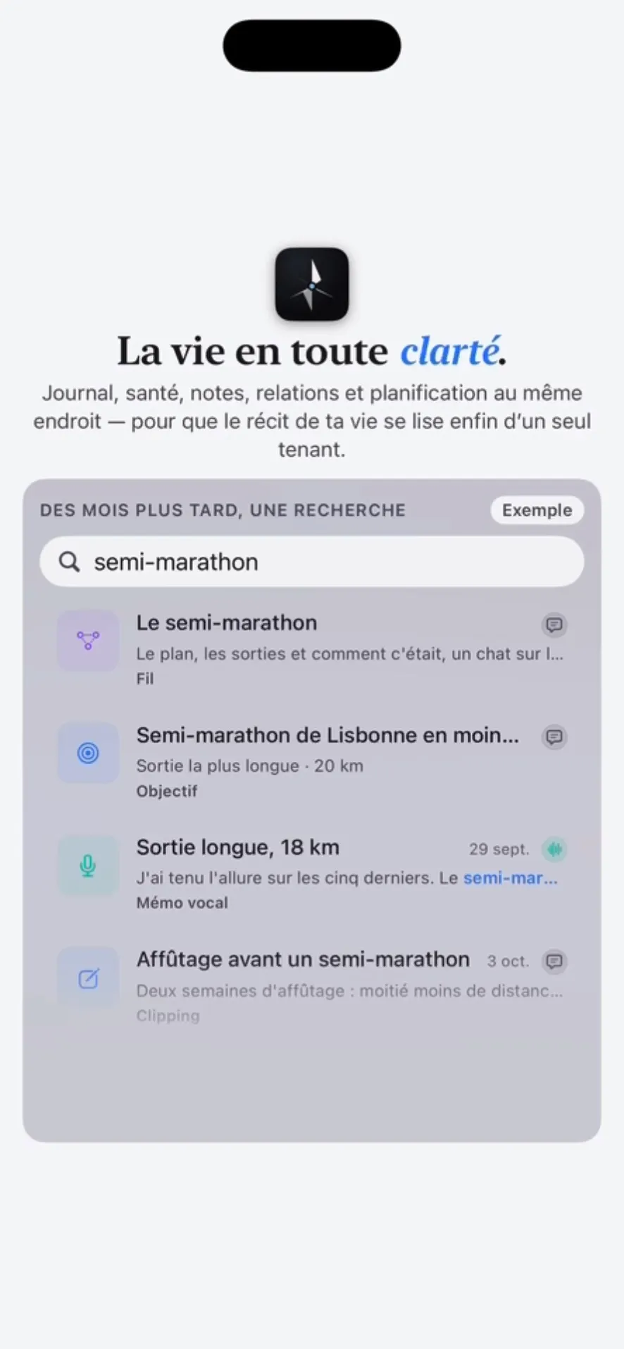 Une recherche de « semi-marathon » dans Clarivio : le fil, l’objectif, une sortie longue et un chat IA dans une seule liste.