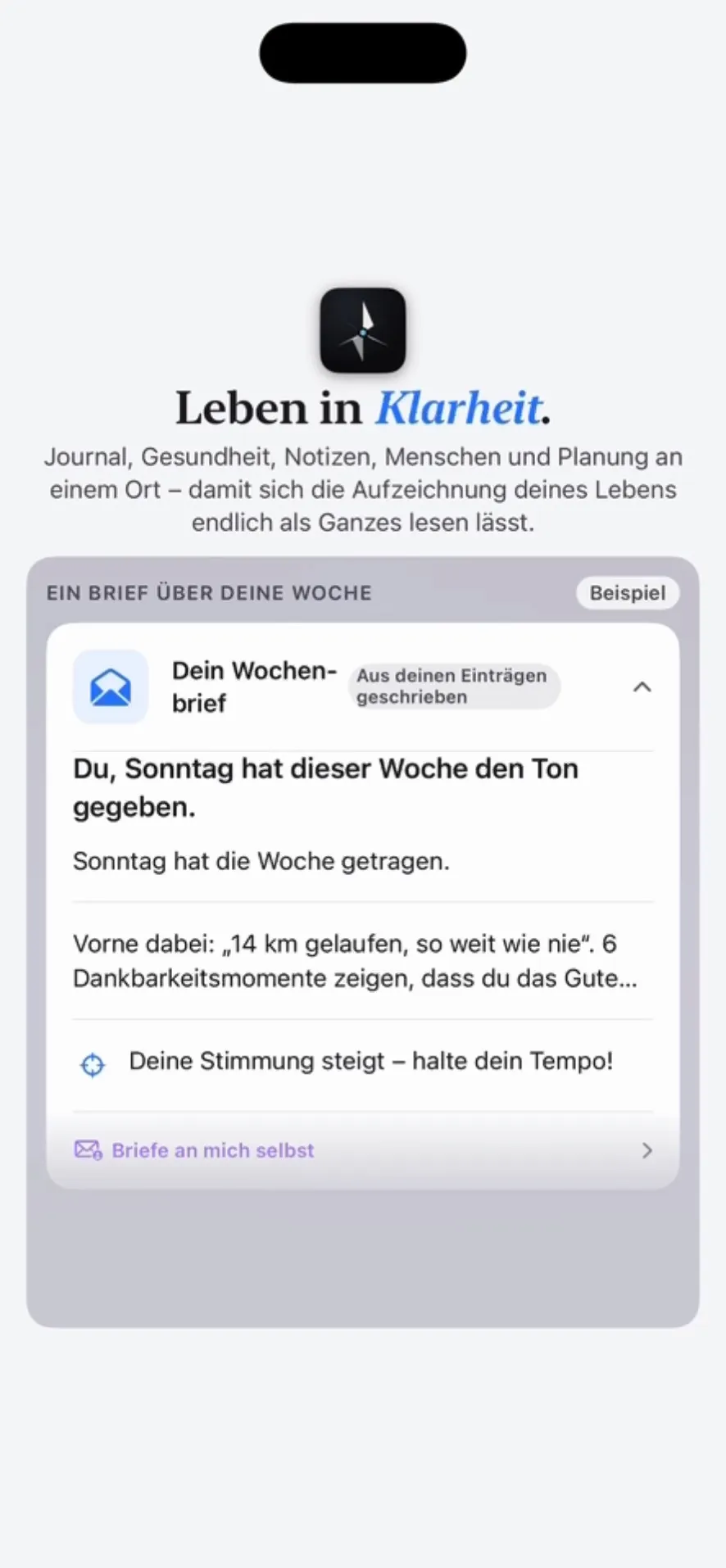 Der Wochenbrief am Ende des ersten Wochen-Reviews, aus den Einträgen der Woche geschrieben.