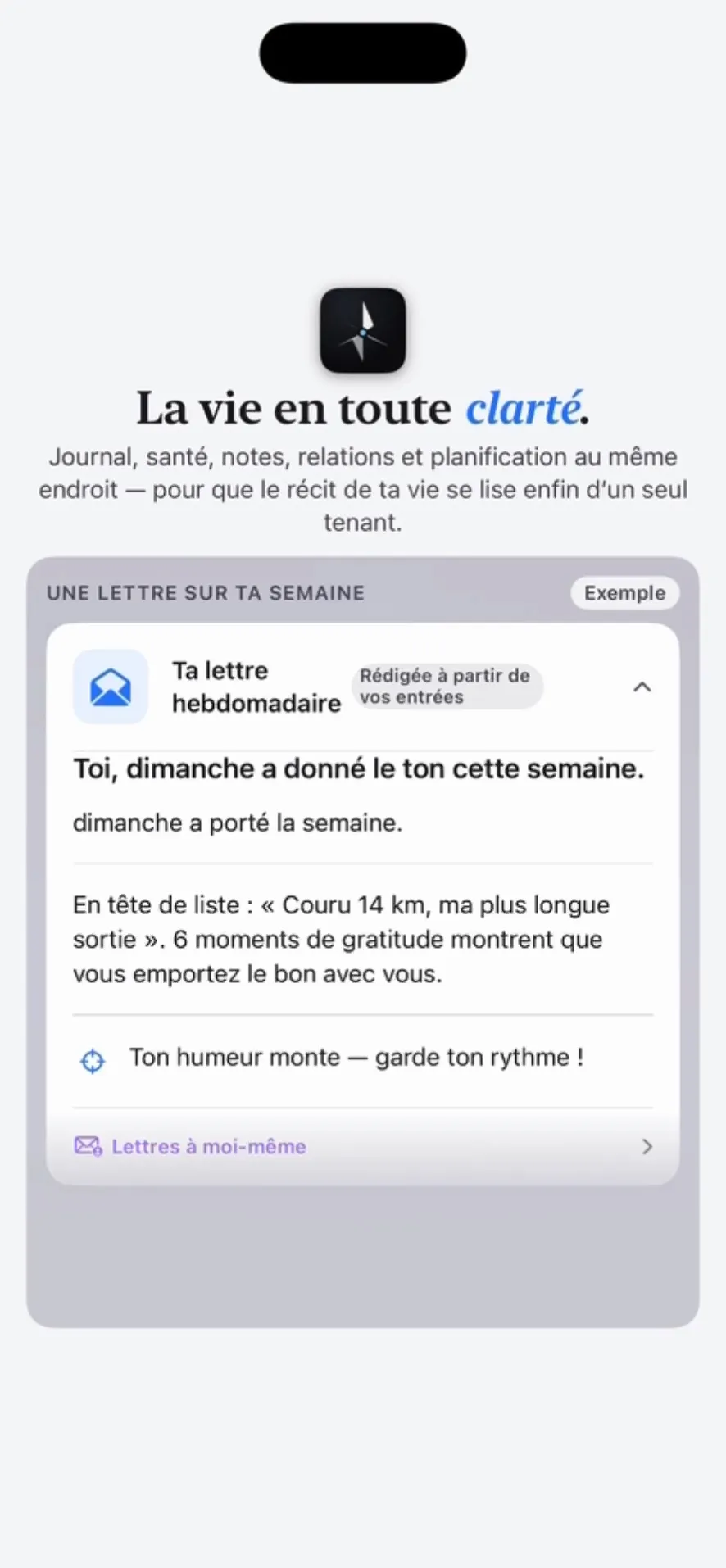La lettre hebdomadaire à la fin d’un premier bilan hebdomadaire, écrite à partir des entrées de la semaine.