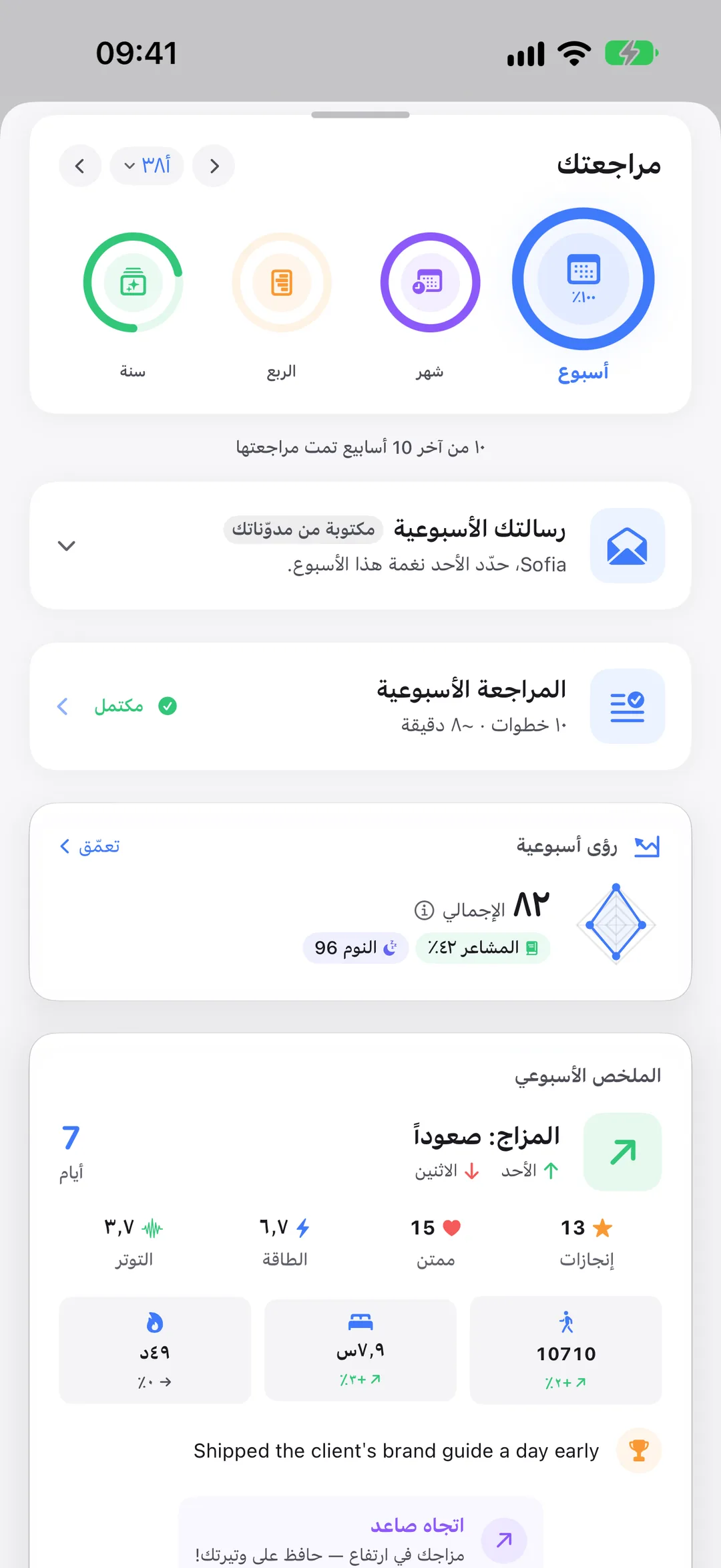 مراجعتك في Clarivio: الأسبوع والشهر والربع والسنة، مع رسالتك الأسبوعية.