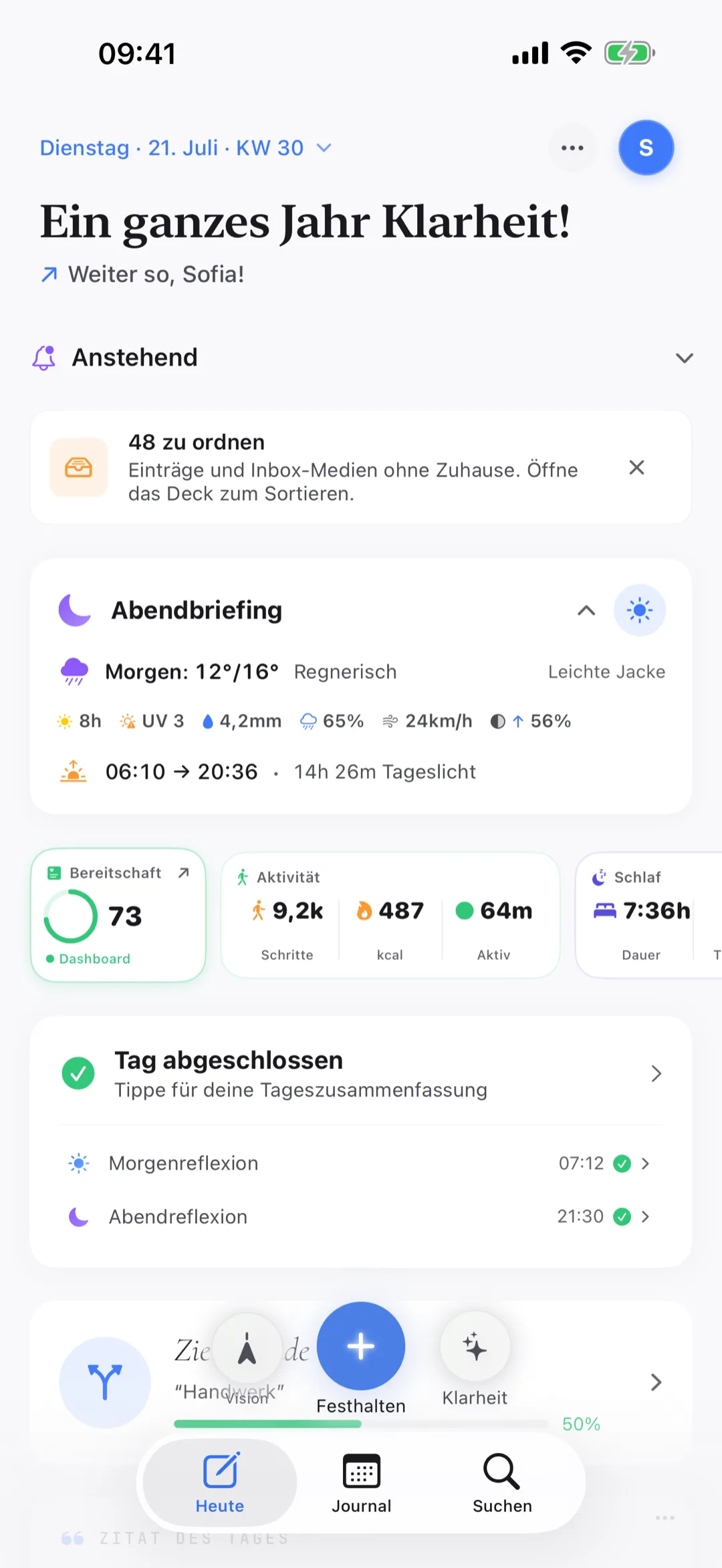 Clarivio Today-Screen — ein klarer Blick auf deinen Tag