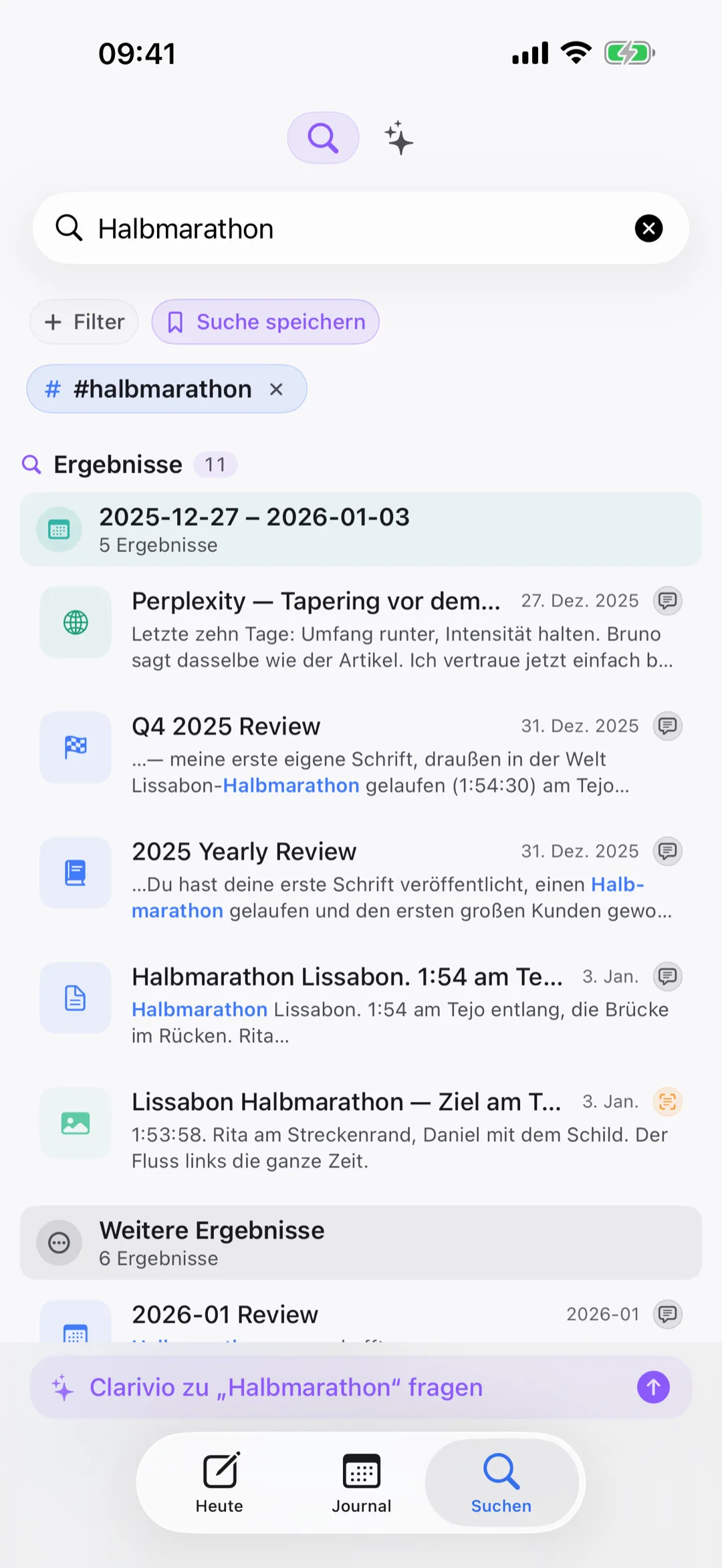 Clarivio Suche — frag dein Leben, on-device