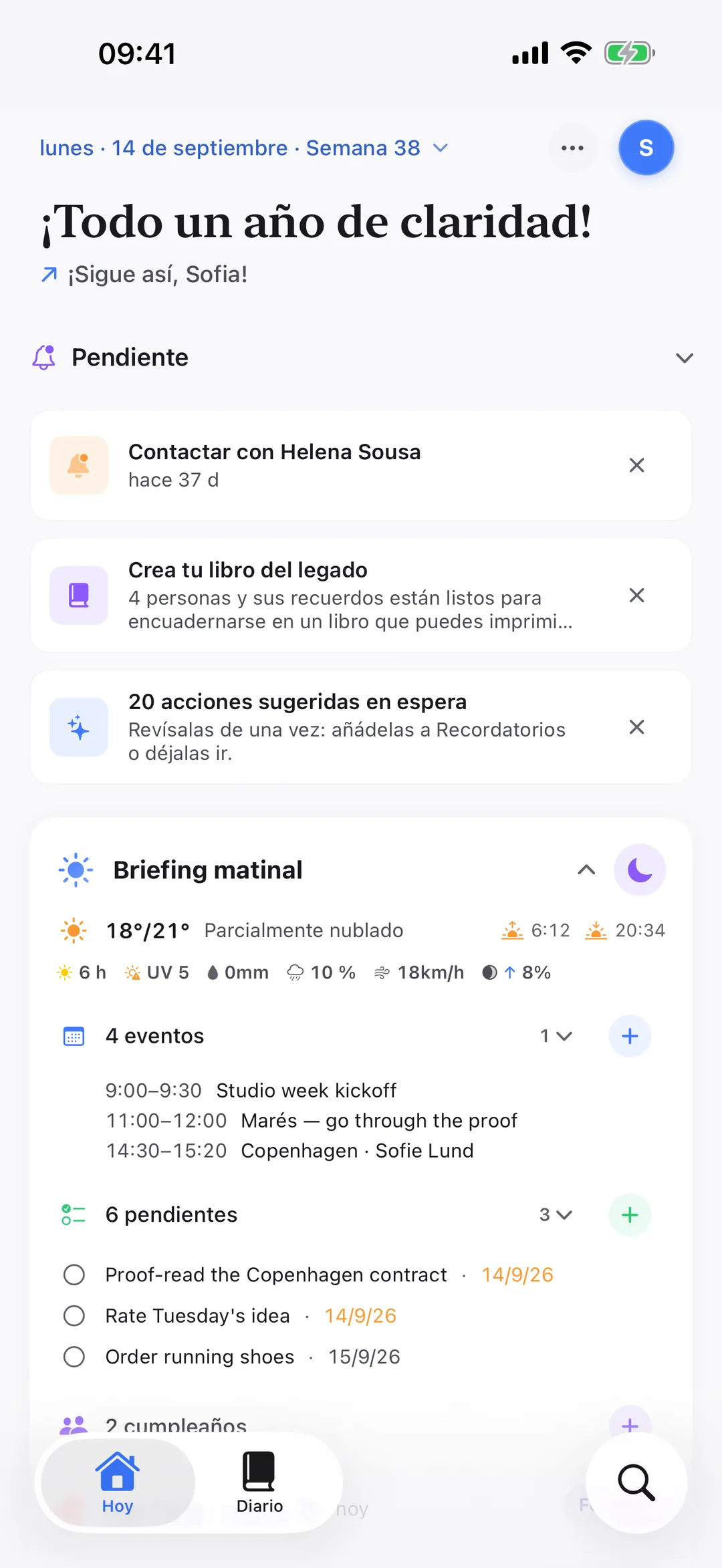 Pantalla Hoy de Clarivio — una vista clara de tu día