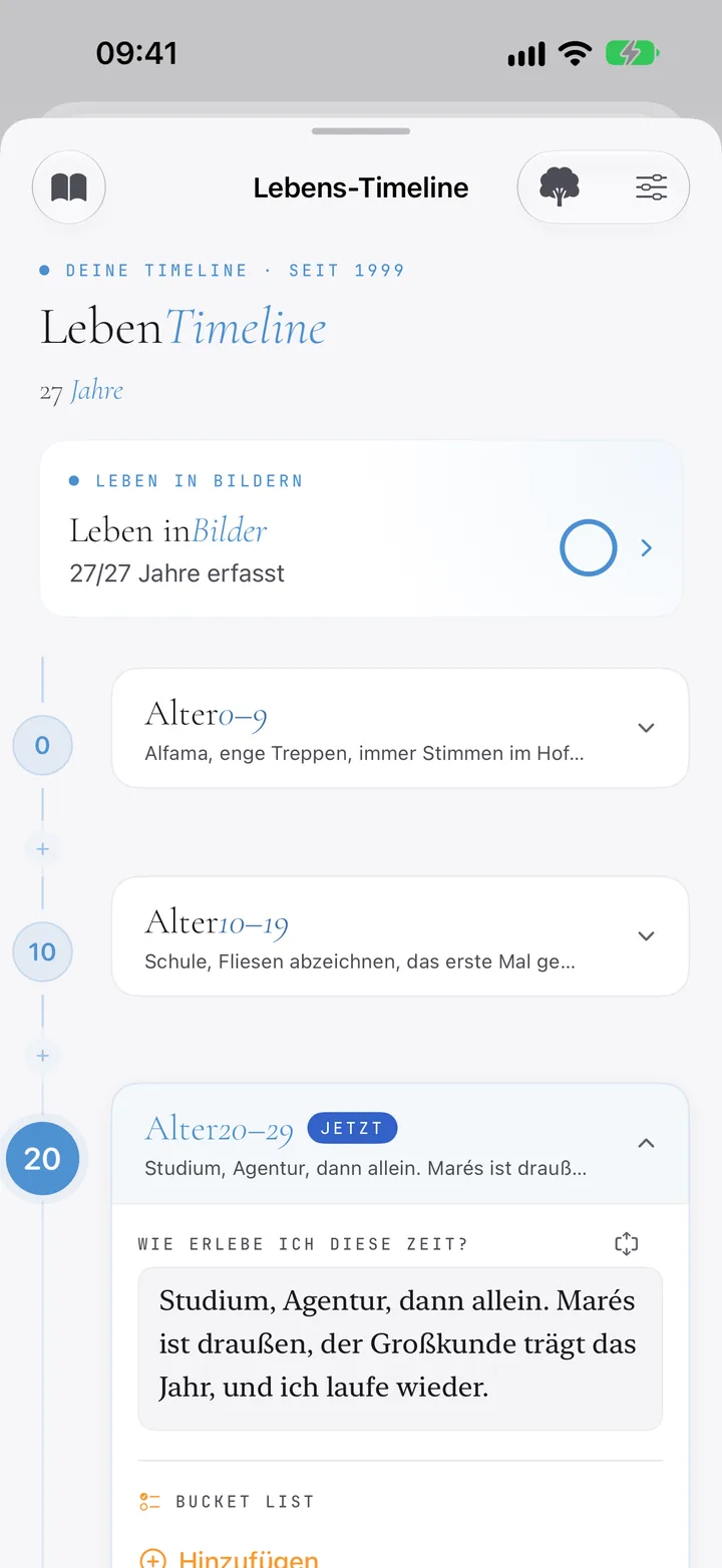 Lebens-Timeline: Jahrzehnte mit Kapiteln und „Leben in Bildern“.