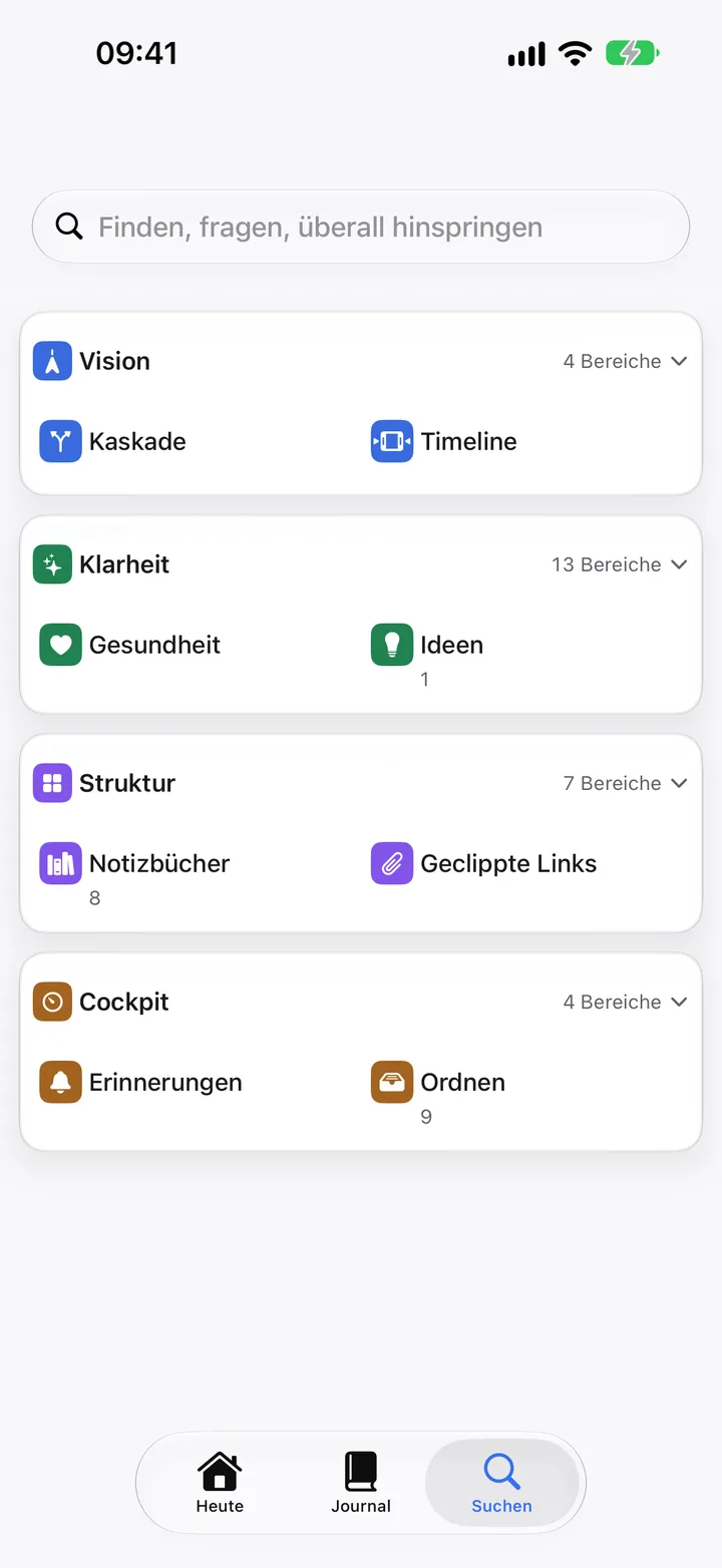 Der Tab „Suchen“ in Ruhe, mit den vier Bereichen der App.