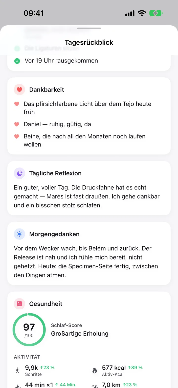 Tagesrückblick: Dankbarkeit, die Reflexion des Tages und seine Gesundheit.