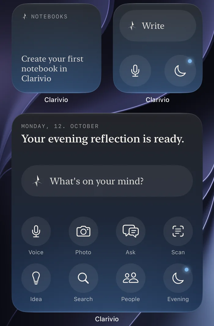 Start, klein und groß, auf einem dunklen Home-Bildschirm neben den Notizbuch-Shortcuts.