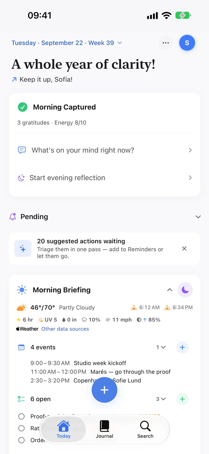 The Today tab with the capture button above the tab bar.