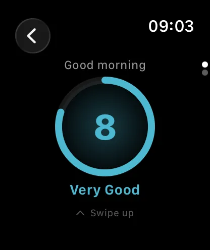 Watch: mood check-in showing 8, Very Good.
