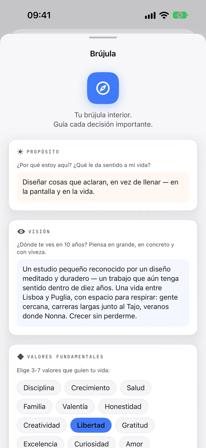 La Brújula: propósito, visión y valores fundamentales.