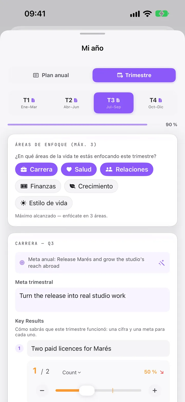 Mi año, Trimestre: las áreas de enfoque del T3 y la meta trimestral de Carrera con sus Key Results.