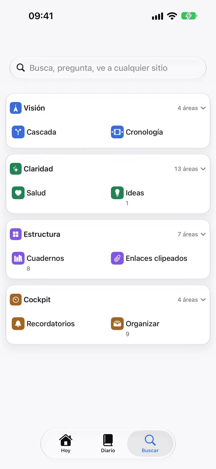La pestaña Buscar en reposo, con las cuatro áreas de la app.