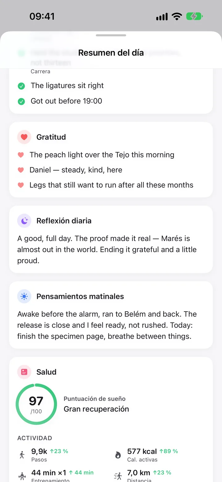 Resumen del día: gratitud, la reflexión diaria y la salud del día.