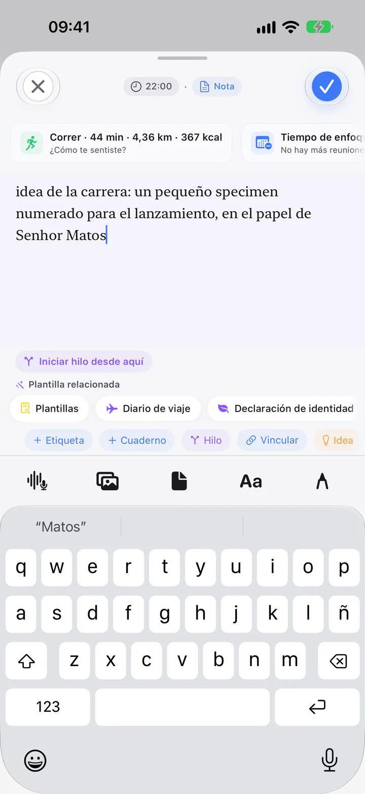 La hoja de captura mientras se escribe una nota.