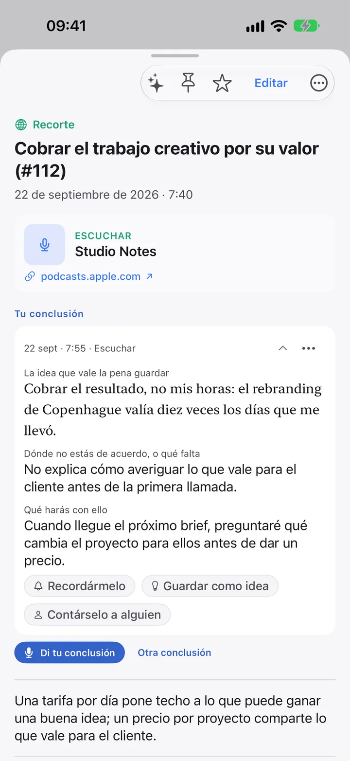 Un episodio de pódcast recortado, con la conclusión de quien lo guardó.