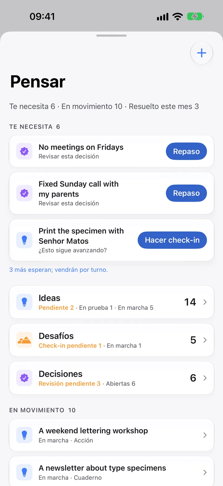El inicio de Pensamiento: lo que te necesita, ideas, desafíos y decisiones.