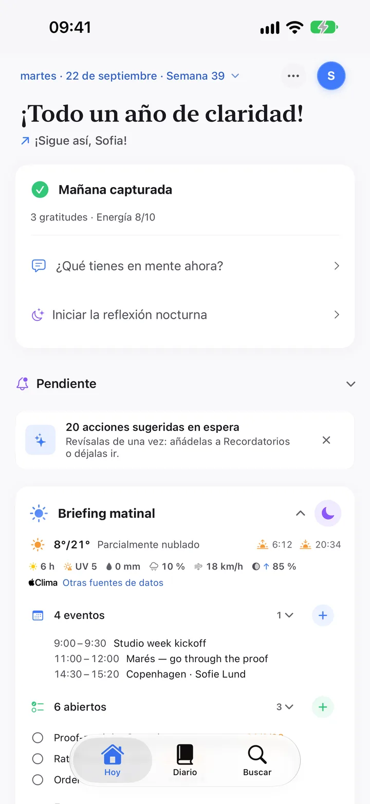 Briefing matinal: clima, cuatro eventos y seis recordatorios pendientes.