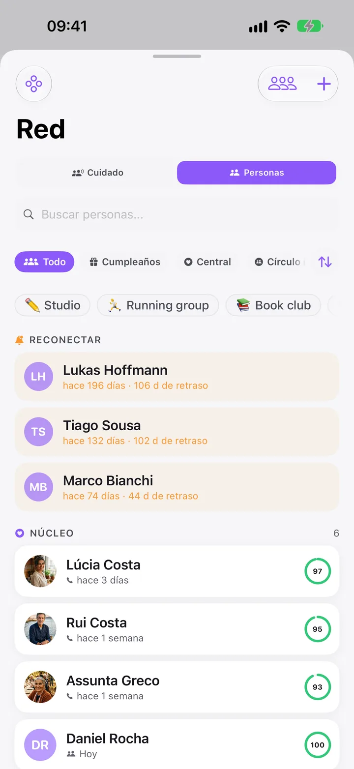Red: personas con las que retomar el contacto y tu círculo núcleo.