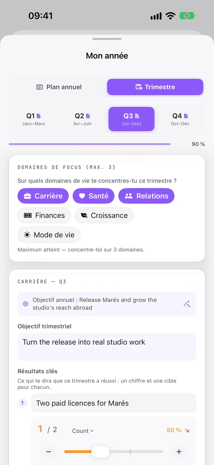Mon année, Trimestre : les domaines de focus du T3 et l’objectif trimestriel Carrière avec ses résultats clés.