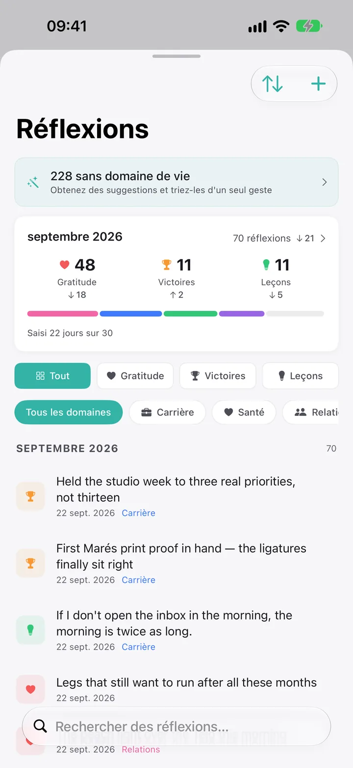 Réflexions : gratitude, victoires et leçons de septembre, filtrées par domaine de vie.