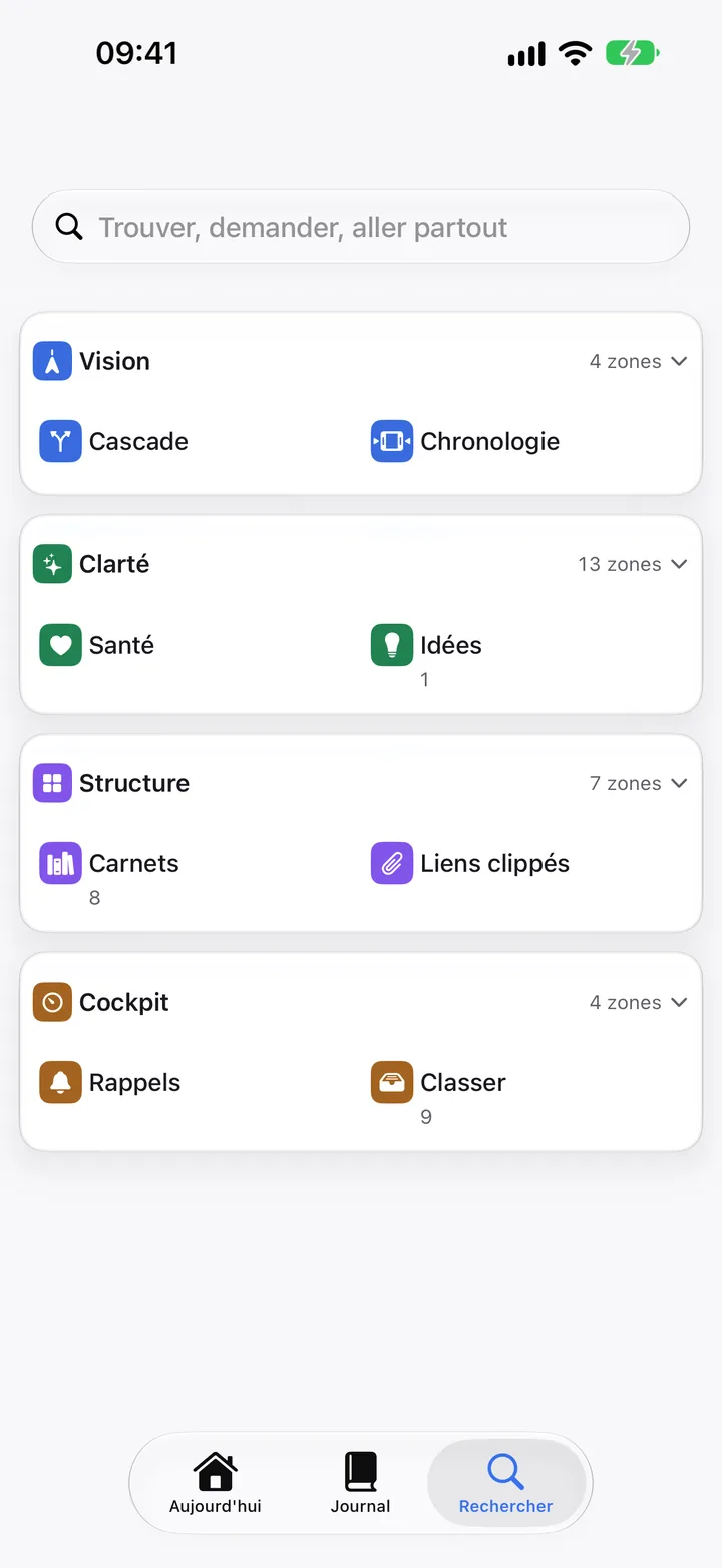 L’onglet Rechercher au repos, avec les quatre espaces de l’app.