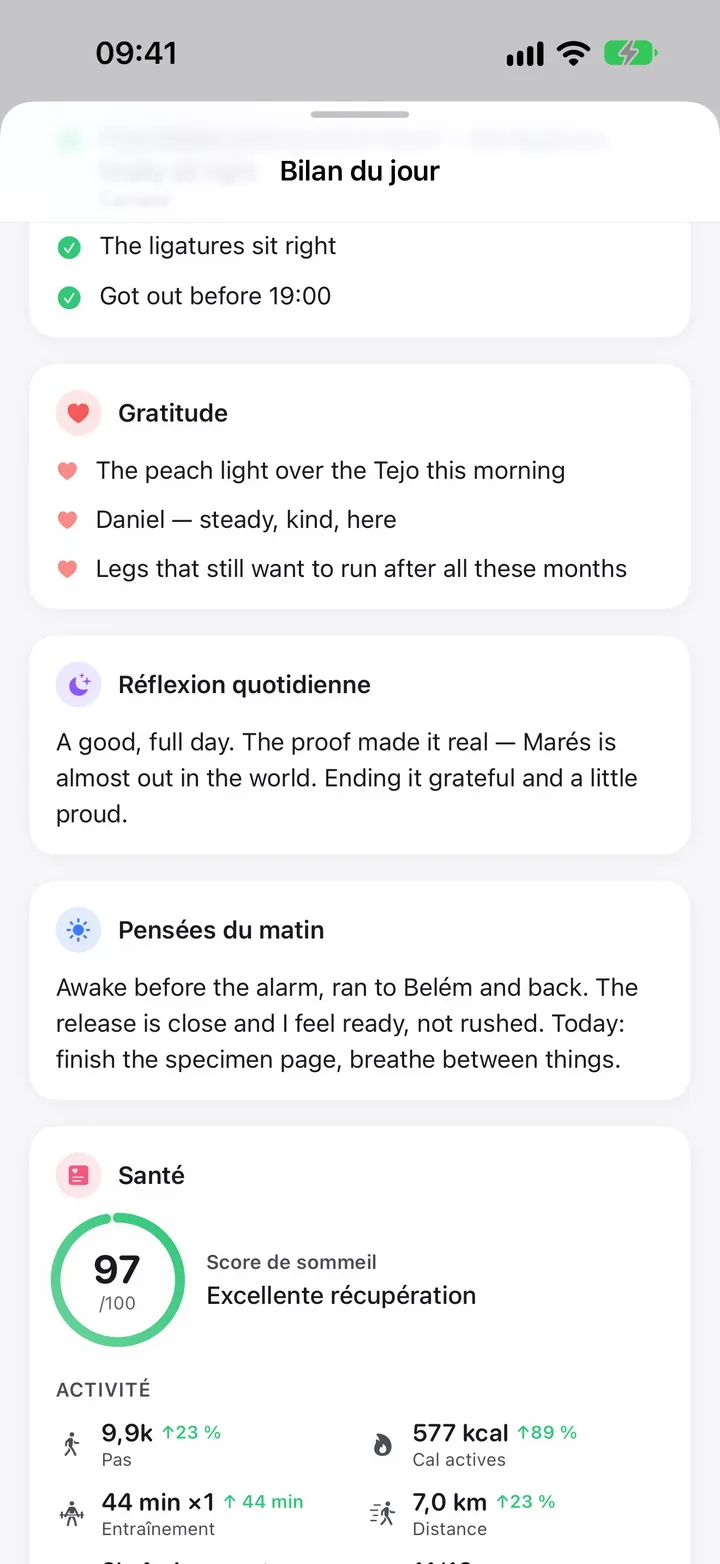 Bilan du jour : gratitude, réflexion quotidienne et la santé du jour.
