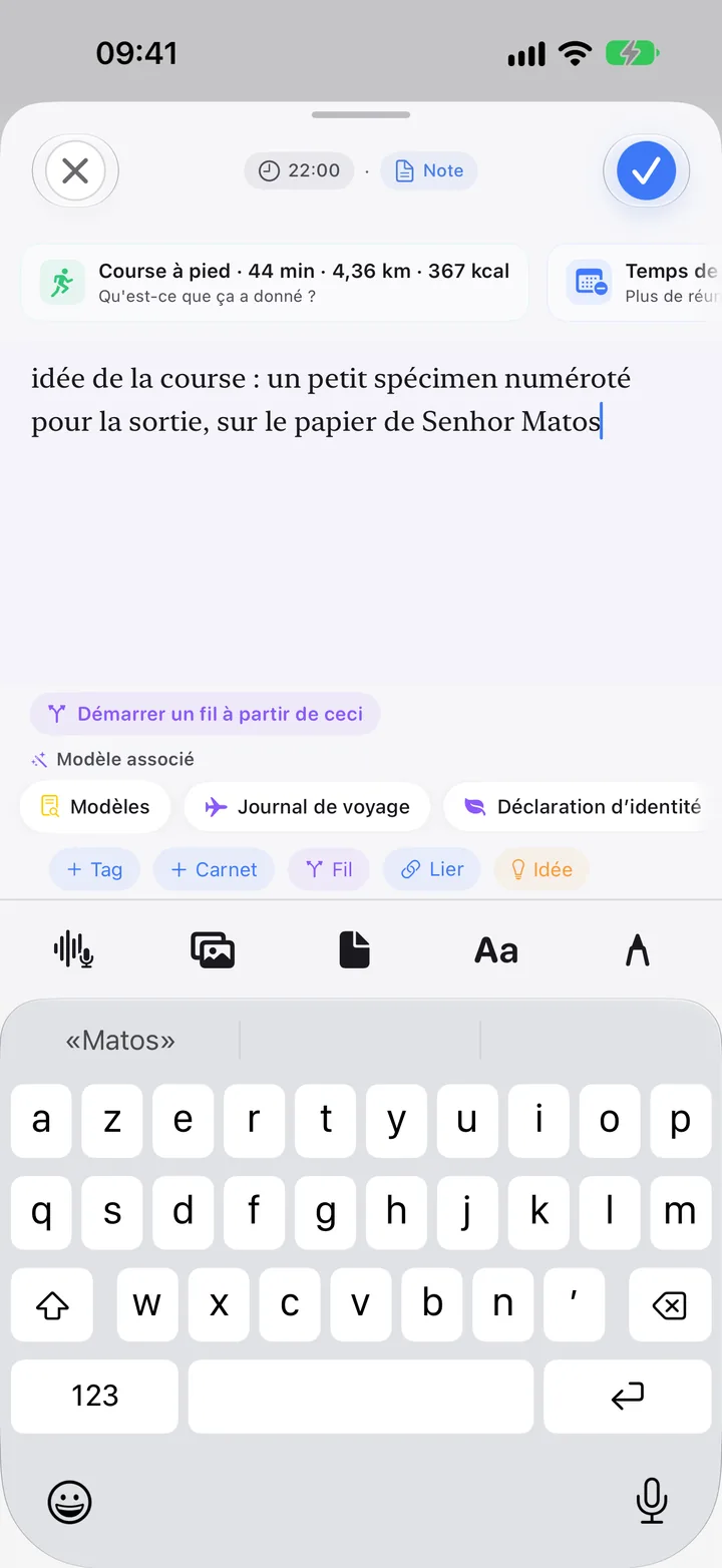 La feuille de capture avec une note en cours d’écriture.