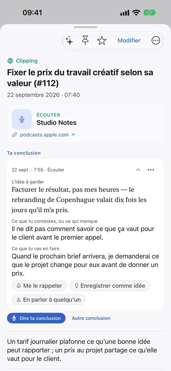 Un épisode de podcast clippé avec la conclusion de l’utilisateur.