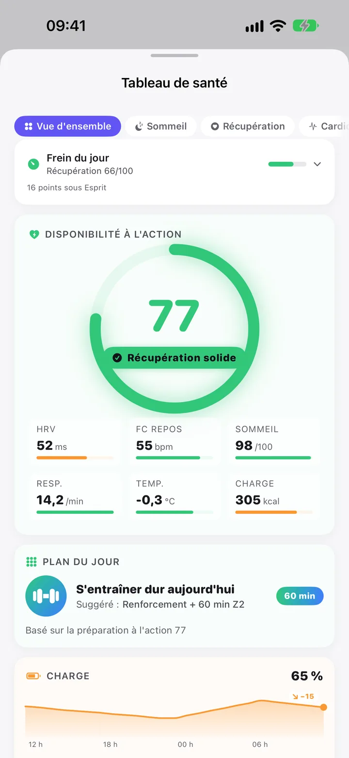 Le Tableau de santé avec une disponibilité de 77, Récupération solide.