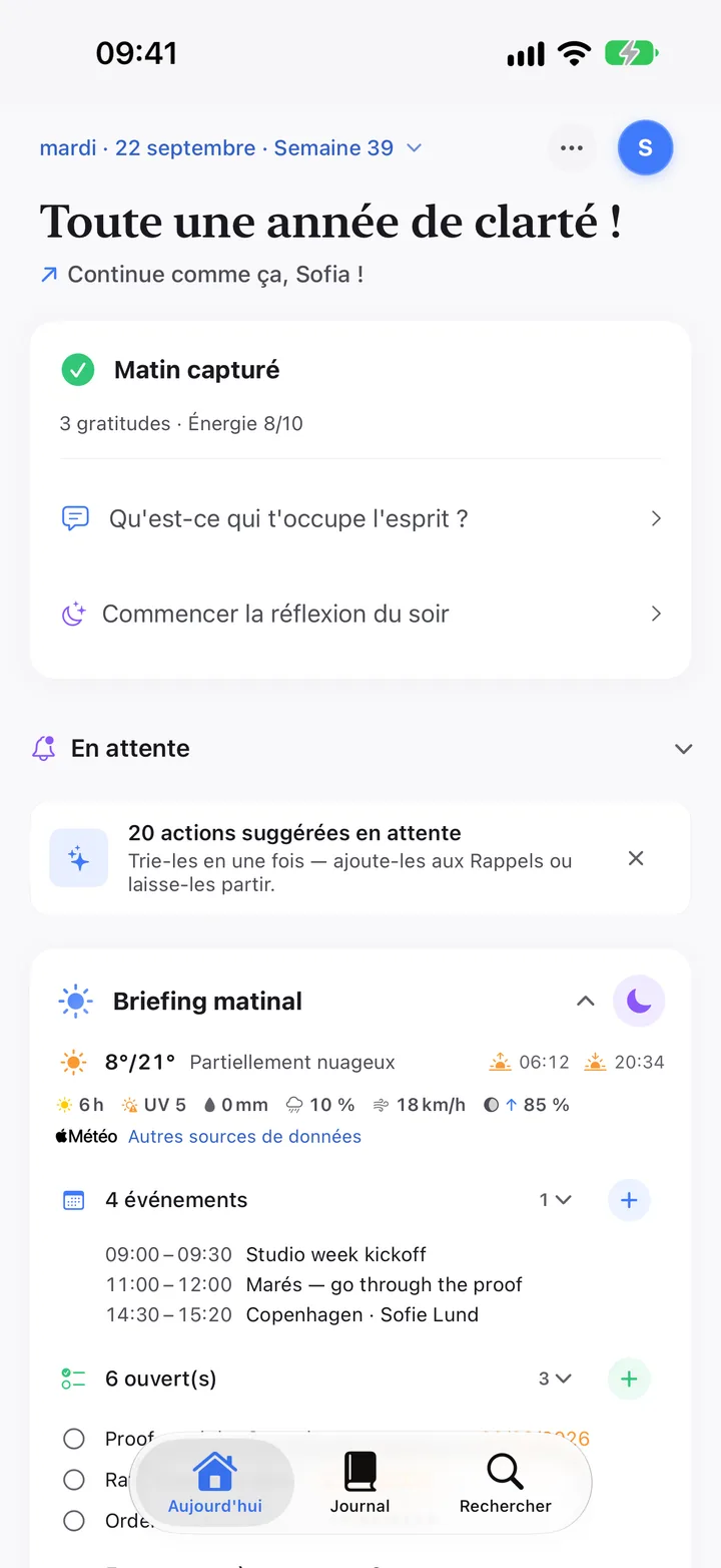 Briefing matinal : la météo, quatre événements et six rappels en cours.