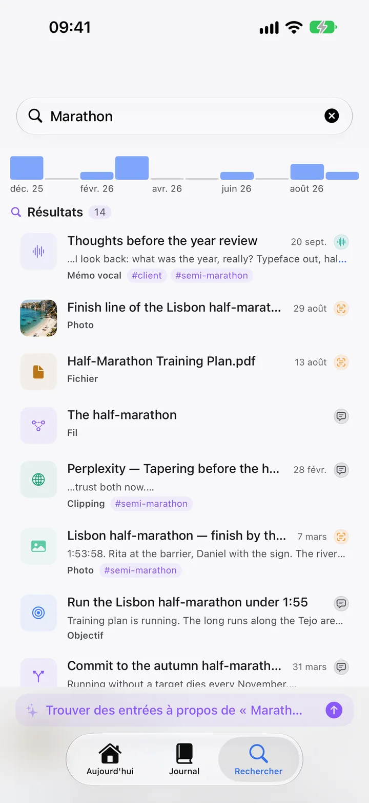 Résultats de recherche pour Marathon : un mémo vocal, des photos, un PDF de plan d’entraînement, le fil, un clipping Perplexity et l’objectif.