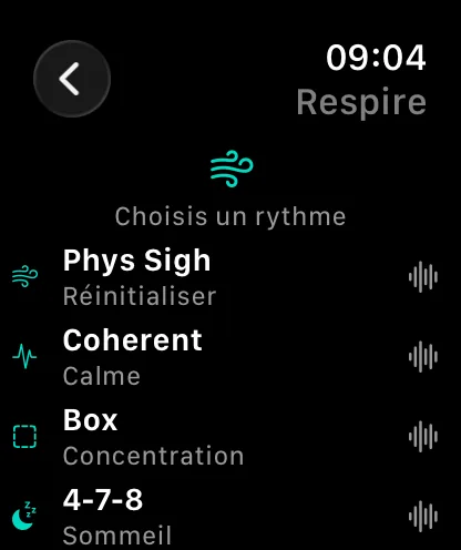 Watch : choisir un rythme de respiration.