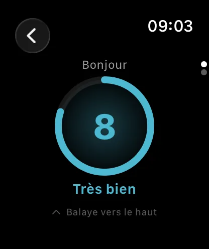 Watch : check-in d’humeur affichant 8, Très bien.