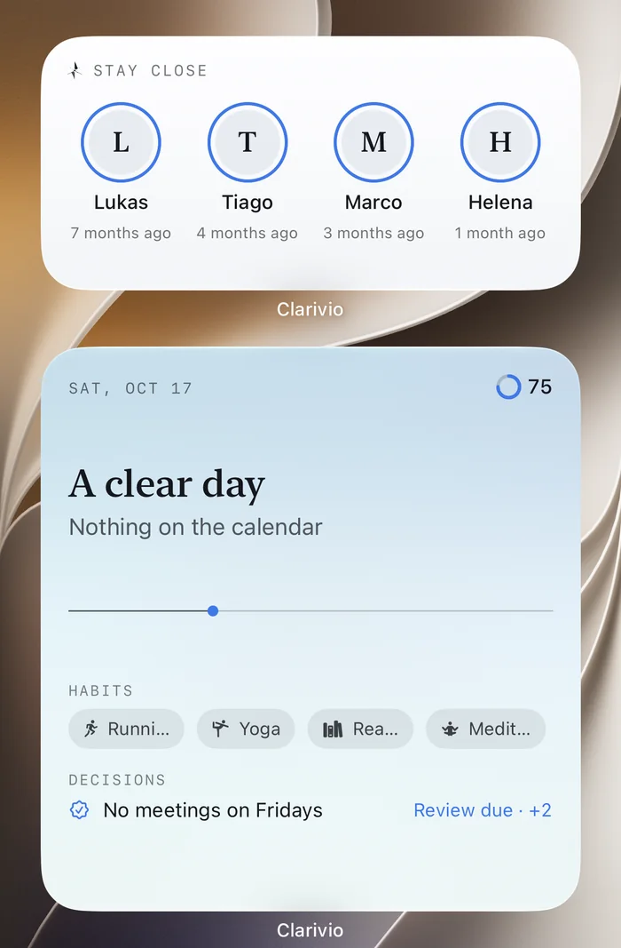Le widget Reste proche, format moyen : quatre personnes et depuis quand vous ne vous êtes pas parlé, au-dessus du widget Aujourd’hui.