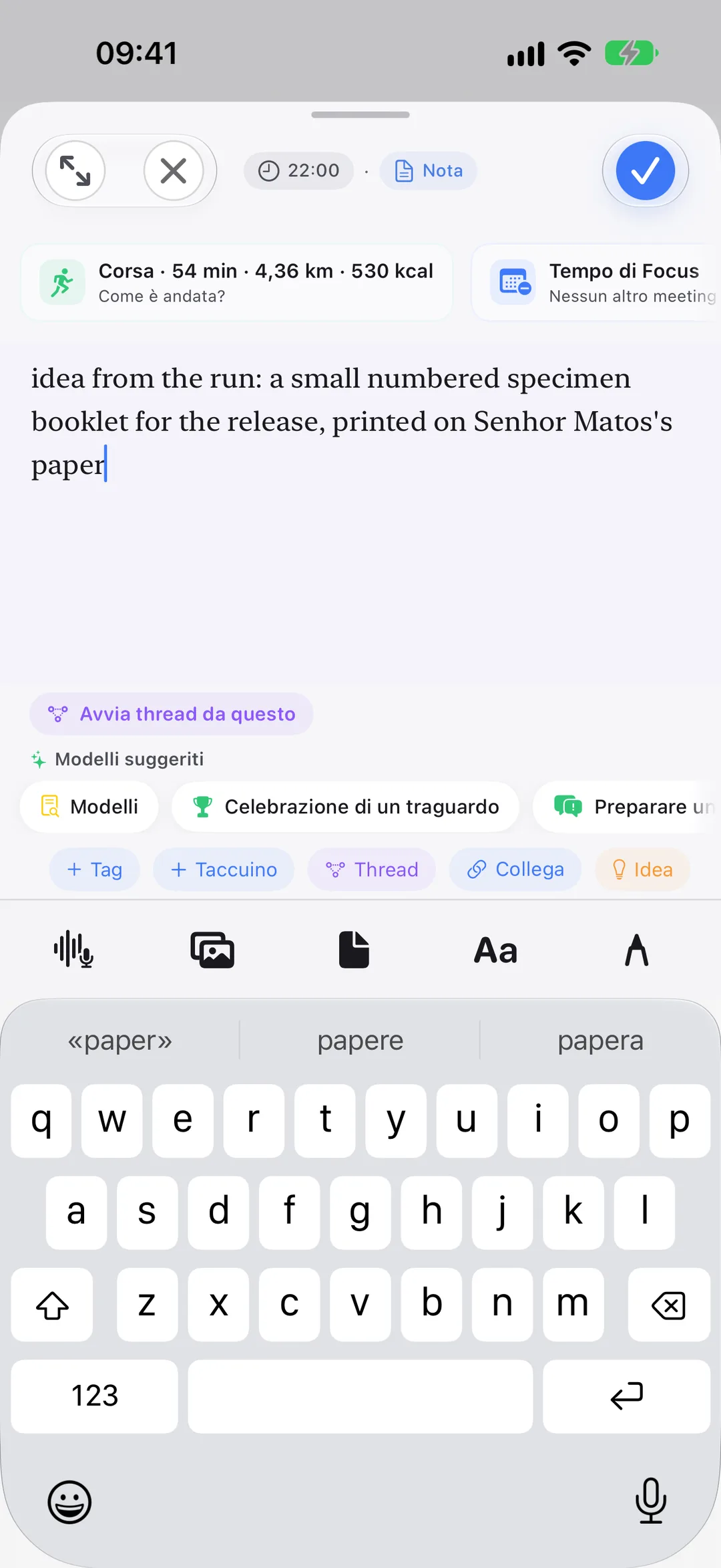 Un’idea annotata dopo una corsa: Clarivio aggiunge la corsa e il blocco di focus da cui è nata.