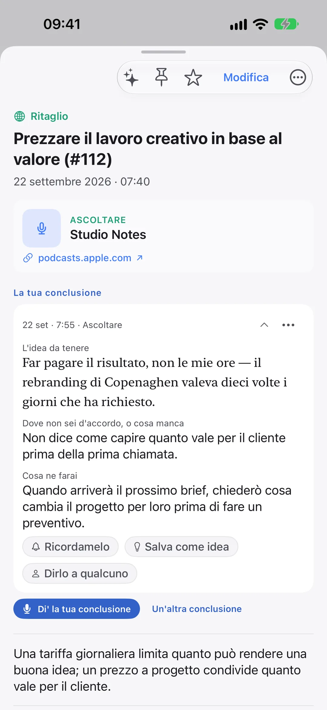 Un episodio di podcast ritagliato in Clarivio, con la tua conclusione scritta sotto.