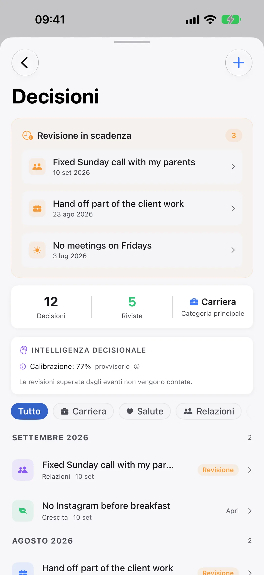 Il diario delle decisioni di Clarivio: le decisioni da rivedere e tutte le decisioni, mese per mese.