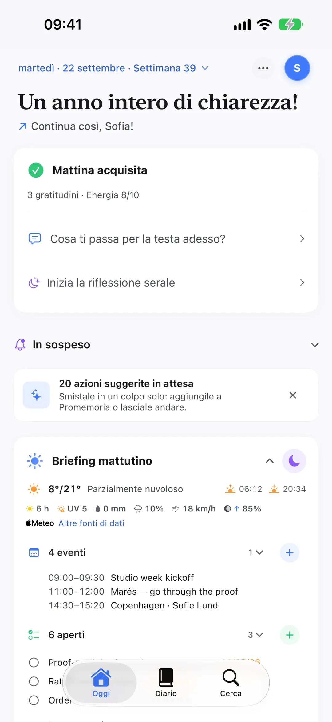 Il briefing mattutino di Clarivio: meteo, eventi di oggi e promemoria aperti.