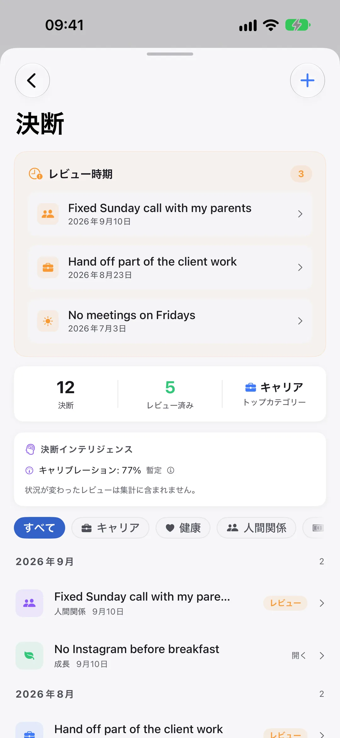 Clarivioの決断ジャーナル：振り返りの時期を迎えた決断と、月ごとのすべての決断。