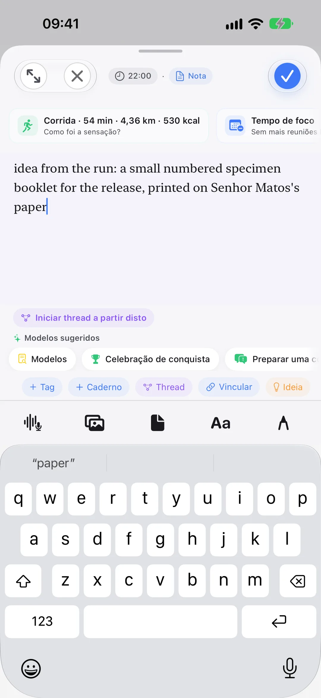 Registrando uma ideia depois de uma corrida: o Clarivio adiciona a corrida e o bloco de foco de onde ela veio.