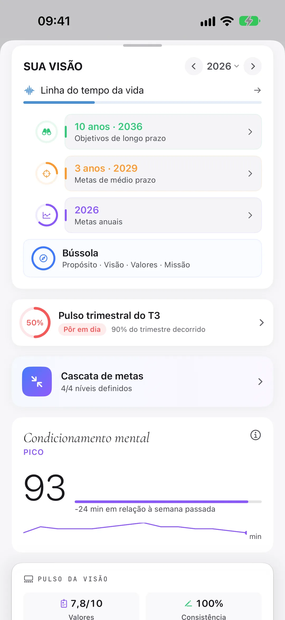 A sua visão no Clarivio: a linha do tempo da vida, metas para 10 anos, 3 anos e este ano, e o pulso trimestral.