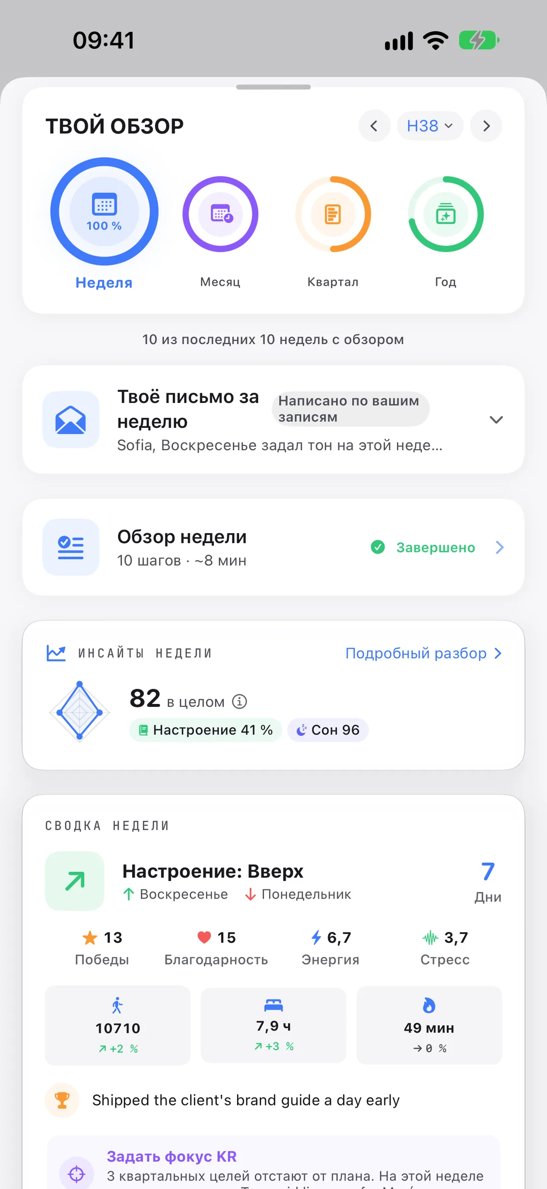 Обзоры в Clarivio: неделя, месяц, квартал и год — с твоим письмом за неделю.